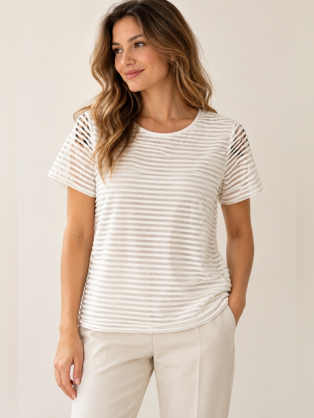 Calvin Klein White Sheer Striped Short Sleeve Top